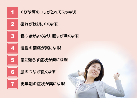 くびや肩のコリがとれてスッキリ!・疲れが残りにくくなる!・寝つきがよくなり、眠りが深くなる!・慢性の腰痛が楽になる!・薬に頼らず症状が改善!・肌のつやが良くなる!・更年期の症状が楽になる!